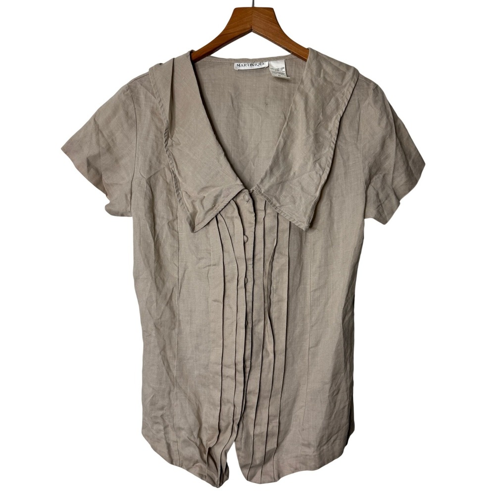 Martinique Ramie Linen Tan Short Sleeve Pintuck Button Up Top‎ Womens Medium
